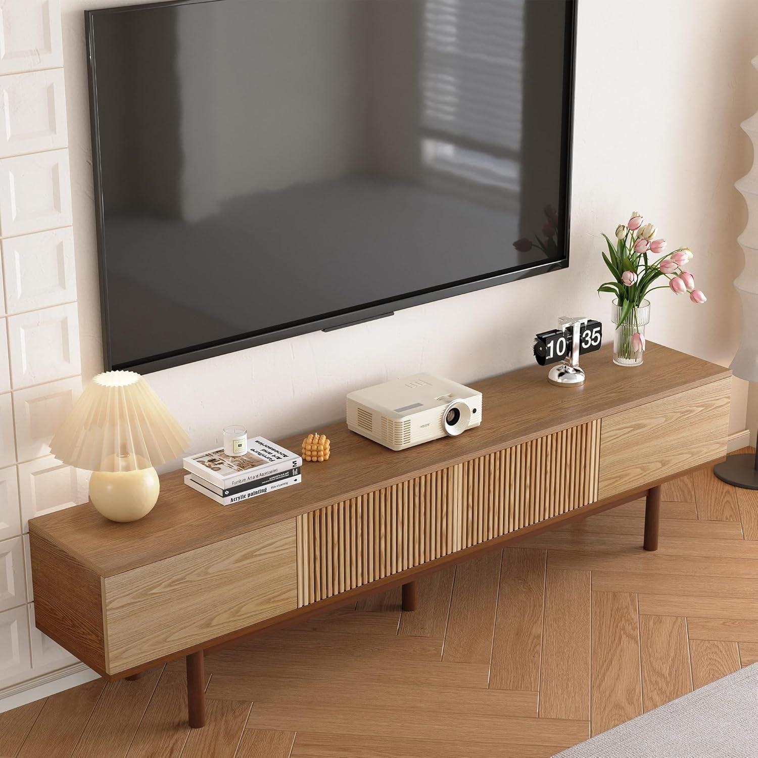 Stunning 88.6" Solid Wood Mid-Century TV Stand - Fully Assembled Entertainment Center with Slatted Doors, Perfect for TVs up to 90" - Stylish Walnut Storage Solution for Living Room & Bedroom
