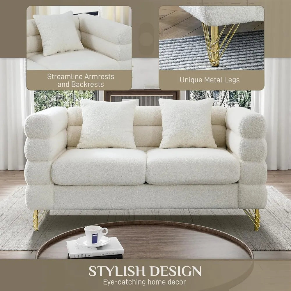 Modern Overstuffed Cloud Couch Loveseat Sofa with Pillows - Comfy 59" Deep Seat Boucle Sherpa Design for Your Living Room