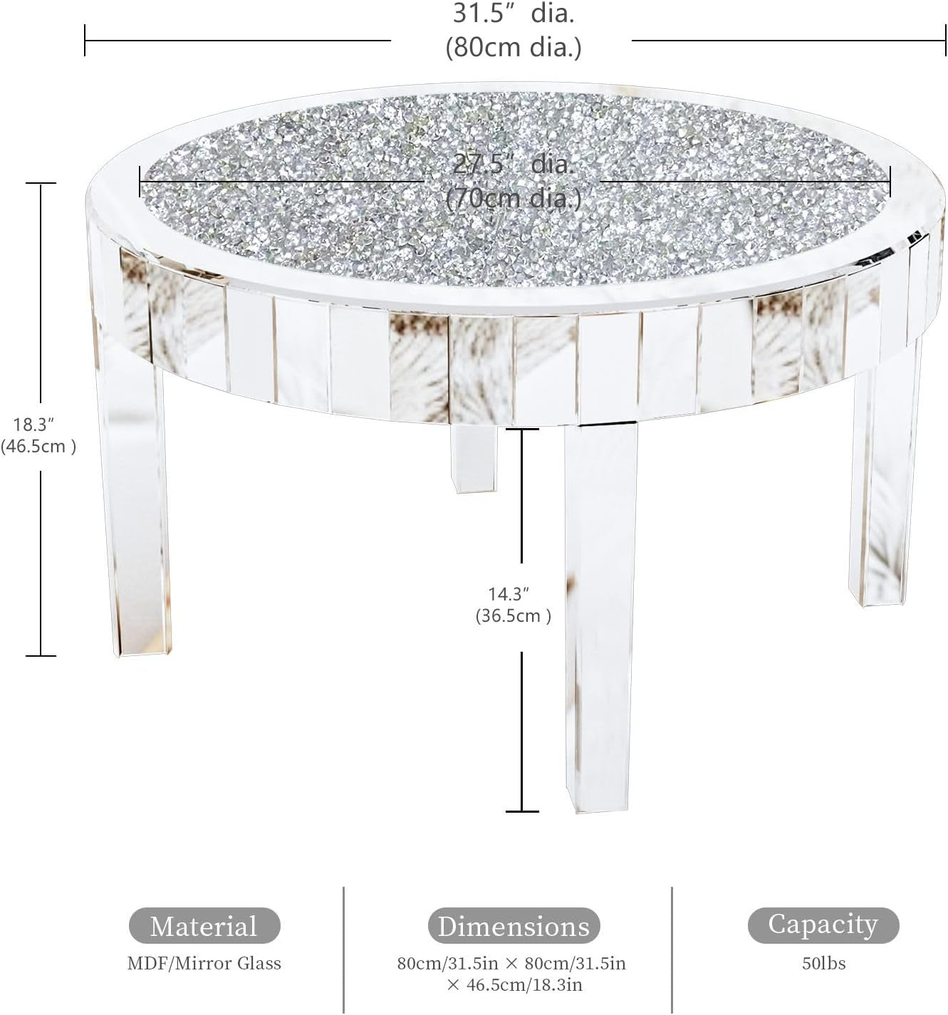 Stunning 31.5" Round Mirrored Coffee Table with Crushed Diamond Top and Silver Crystal Edge - Luxurious Modern Home Decor for Your Living Room