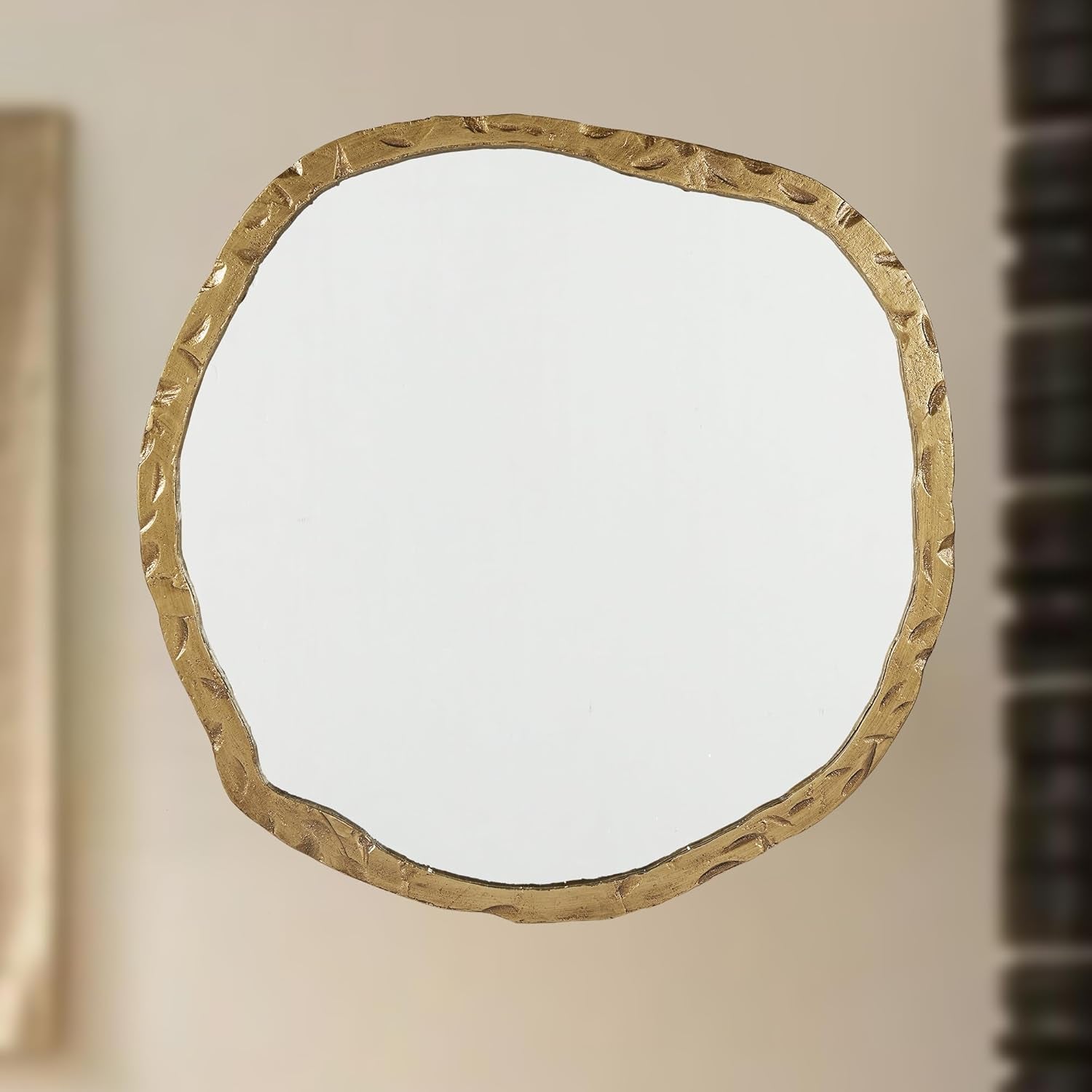 Stunning Asymmetrical Brass Wall Mirror - 40x38 Inch Hand Forged Metal Frame for Elegant Home Decor